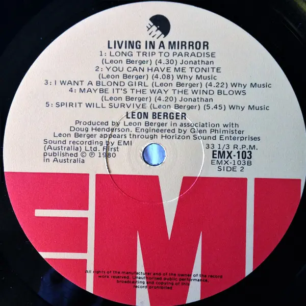 Leon Berger - Living In A Mirror, Rock, Symphonic Rock, 1980 - EMI, Australia & New Zealand, Vinyl 1x LP, Album