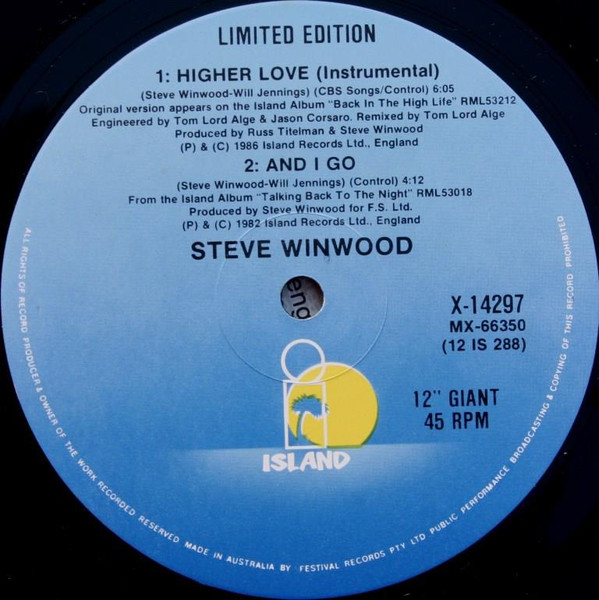 Steve Winwood - Higher Love, Rock, Pop Rock, 1986 - Island Records, Australia, Vinyl 1x 12", 45 RPM, Single, Limited Edition