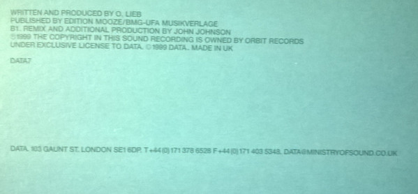 Oliver Lieb - Subraumstimulation, Electronic, Tech Trance, Trance, 2000 - Data Records, UK, Vinyl 1x 12", 45 RPM