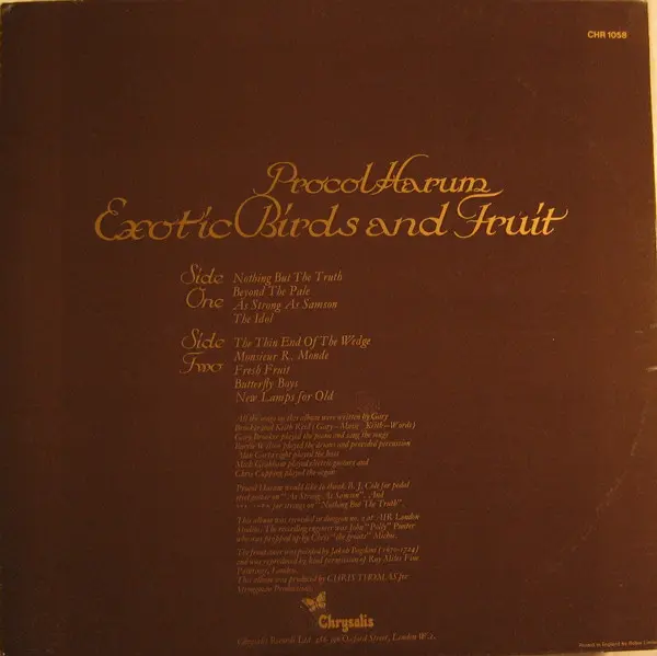 Procol Harum - Exotic Birds And Fruit, Rock, Classic Rock, Symphonic Rock, 1974 - Chrysalis, UK, Vinyl 1x LP, Album