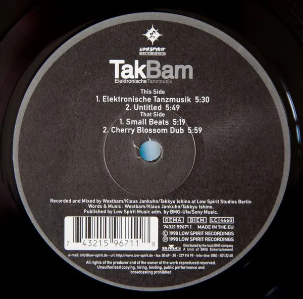 TakBam - Elektronische Tanzmusik, Electronic, Electro, 1998 - Low Spirit Recordings, Germany, Vinyl 1x 12"