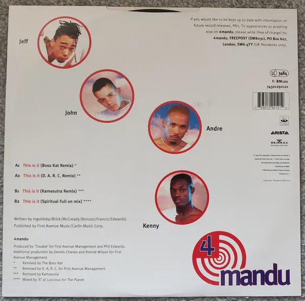 4Mandu - This Is It, Electronic, Funk / Soul, Hip Hop, House, Pop Rap, Soul, 1995 - Arista, UK, Vinyl 1x 12", 33 ⅓ RPM, Singl
