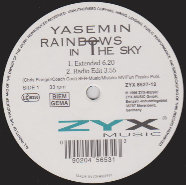 Yasemin - Rainbows In The Sky, Electronic, Happy Hardcore, 1996 - ZYX Music, Germany, Vinyl 1x 12"