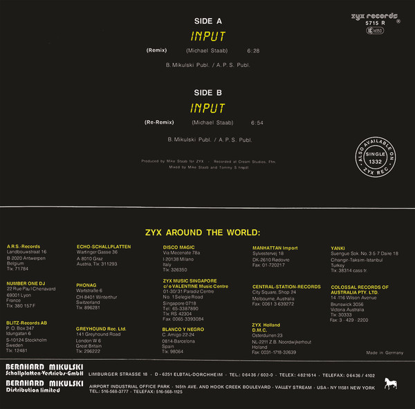 S-50 - Input (Remix), Electronic, Disco, New Beat, Synth-pop, 1987 - ZYX Records, Germany, Vinyl 1x 12", 45 RPM