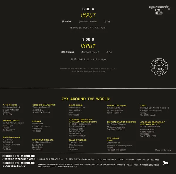 S-50 - Input (Remix), Electronic, Disco, New Beat, Synth-pop, 1987 - ZYX Records, Germany, Vinyl 1x 12", 45 RPM