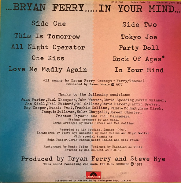 Bryan Ferry - In Your Mind - 1977 - Classic Rock, Pop Rock - Polydor - Vinyl 1x LP, Album, Stereo