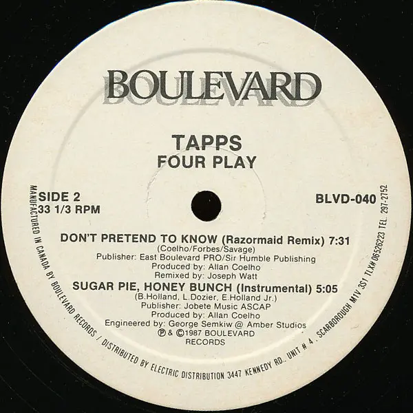 Tapps - 4 Play, Electronic, Disco, Hi NRG, 1987 - Boulevard Records, Canada, Vinyl 1x 12", 33 ⅓ RPM