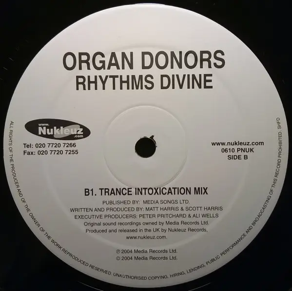 Organ Donors - Rhythms Divine, Electronic, Hard Trance, 2004 - Nukleuz, UK, Vinyl 1x 12", 45 RPM