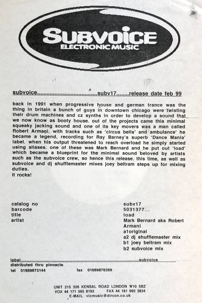 Mark Bernard - Load Remixes, Electronic, Techno, 1999 - Subvoice Electronic Music, Japan, Vinyl 1x 12", 33 ⅓ RPM