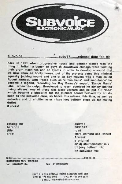 Mark Bernard - Load Remixes, Electronic, Techno, 1999 - Subvoice Electronic Music, Japan, Vinyl 1x 12", 33 ⅓ RPM