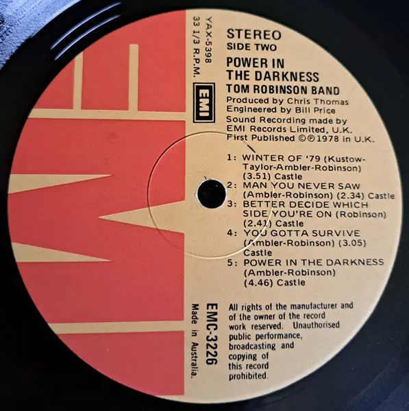 Tom Robinson Band - Power In The Darkness, Pop, Rock, Pop Rock, Punk, 1978 - EMI, Australia, Vinyl 1x LP, Album