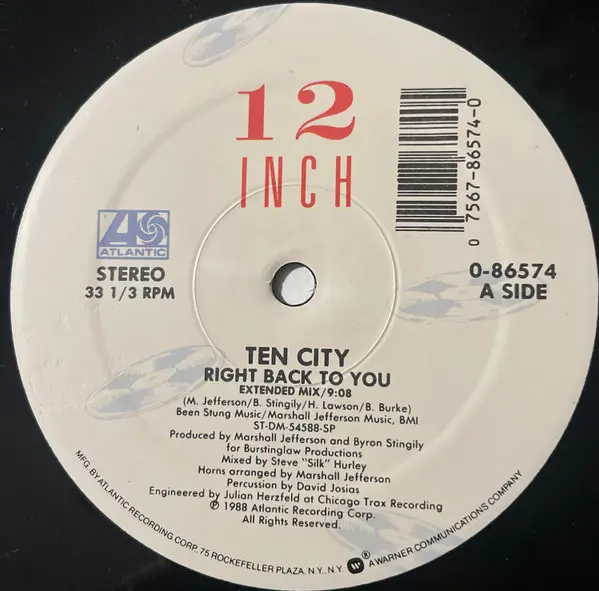 Ten City - Right Back To You, Electronic, Garage House, 1988 - Atlantic, US, Vinyl 1x 12", 33 ⅓ RPM SP