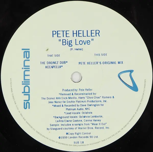 Pete Heller - Big Love, Electronic, House, 1999 - Subliminal, US, Vinyl 1x 12", 33 ⅓ RPM
