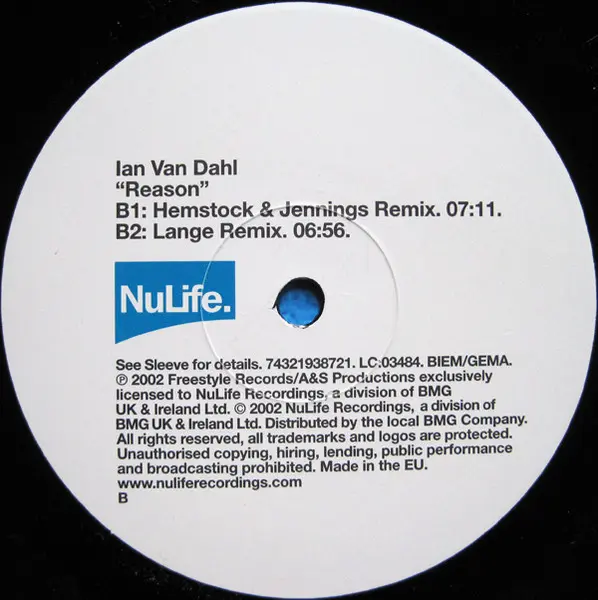 Ian Van Dahl - Reason, Electronic, Progressive Trance, Trance, 2002 - NuLife, UK, Vinyl 1x 12", 33 ⅓ RPM, 45 RPM