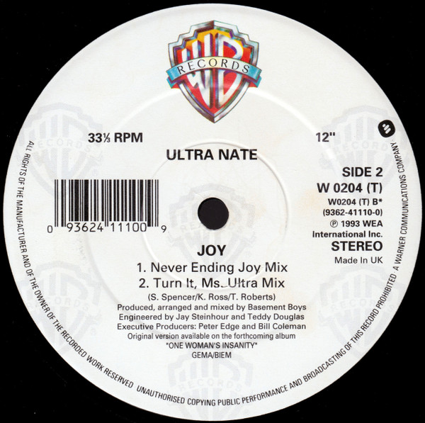 Ultra Naté - Joy, Electronic, Garage House, House, 1993 - Warner Bros. Records, UK & Europe, Vinyl 1x 12", 33 ⅓ RPM, Stereo