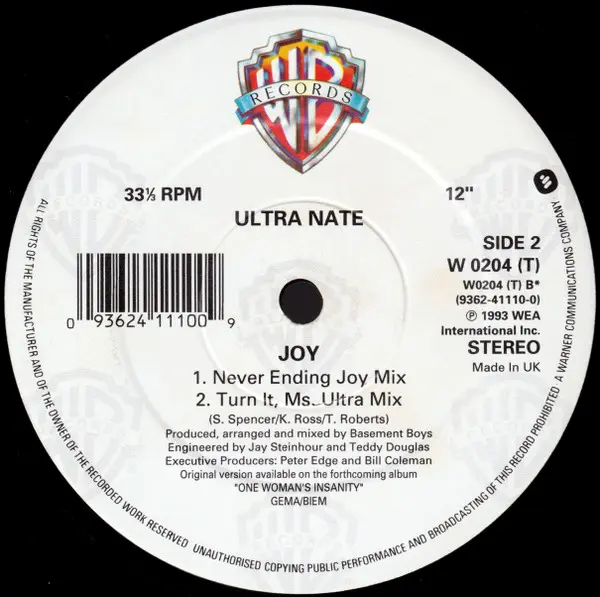 Ultra Naté - Joy, Electronic, Garage House, House, 1993 - Warner Bros. Records, UK & Europe, Vinyl 1x 12", 33 ⅓ RPM, Stereo
