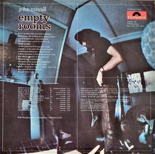 John Mayall - Empty Rooms, Blues, Pop, Country Blues, Folk Rock, Vocal, 1970 - Polydor, US, Vinyl 1x LP, Album, Stereo Terre 