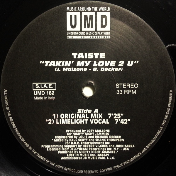 Taiste - Takin' My Love 2 U, Electronic, Garage House, House, 1995 - Underground Music Department (UMD), Italy, Vinyl 2x 12",