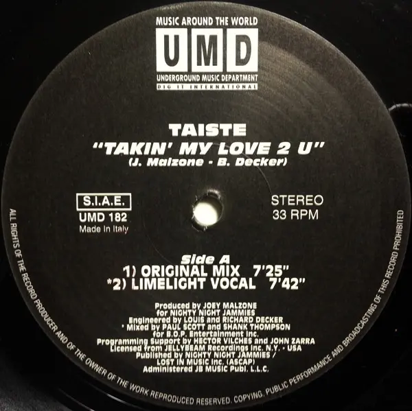 Taiste - Takin' My Love 2 U, Electronic, Garage House, House, 1995 - Underground Music Department (UMD), Italy, Vinyl 2x 12",
