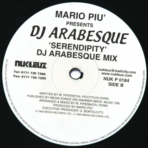 Mario Più Presents DJ Arabesque - Serendipity, Electronic, Techno, Trance, 1999 - Nukleuz, UK, Vinyl 1x 12", 33 ⅓ RPM
