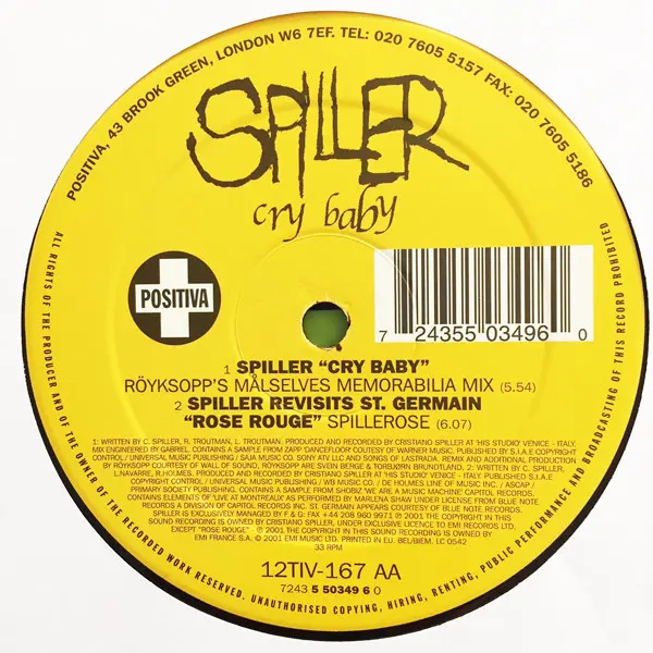 Spiller - Cry Baby, Electronic, Disco, Downtempo, House, 2002 - Positiva, UK, Vinyl 1x 12"