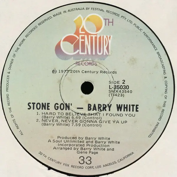 Barry White - Stone Gon', Funk / Soul, Disco, Funk, Soul, 1973 - 20th Century Records, Australia, Vinyl 1x LP, Album