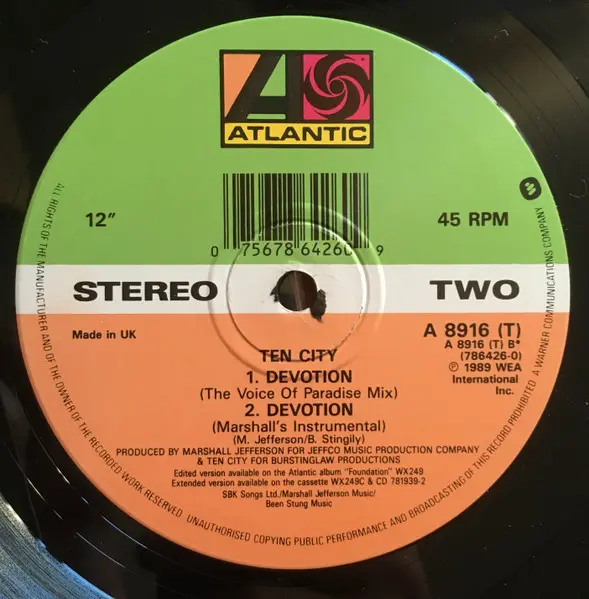 Ten City - Devotion, Electronic, House, 1989 - Atlantic, UK, Vinyl 1x 12", 45 RPM, Maxi-Single, Stereo