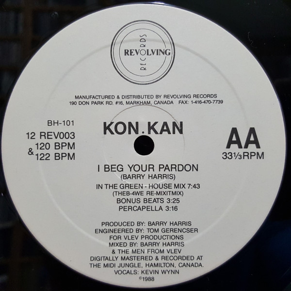 Kon Kan - I Beg Your Pardon, Electronic, Synth-pop, 1988 - Revolving Records, Canada, Vinyl 1x 12", 33 ⅓ RPM Die-cut Sleeve