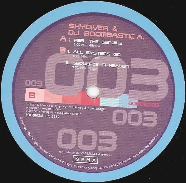 Skydiver (4) & DJ Boombastic A - Feel The Genuine, Electronic, Hard Trance, Trance, 1996 - Harem Records, Switzerland, Vinyl 