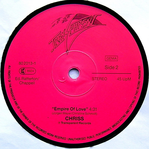 Chriss (3) - Sweets For My Sweet, Electronic, Disco, Euro-Disco, 1986 - Transparent (2), Germany, Vinyl 1x 12", 45 RPM, Maxi-
