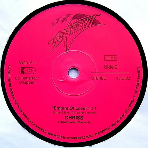 Chriss (3) - Sweets For My Sweet, Electronic, Disco, Euro-Disco, 1986 - Transparent (2), Germany, Vinyl 1x 12", 45 RPM, Maxi-