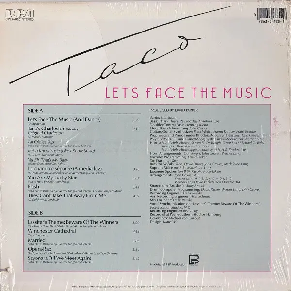Taco - Let's Face The Music, Electronic, Synth-pop, 1984 - RCA, RCA Victor, US, Vinyl 1x LP, Album, Stereo Indianapolis Press