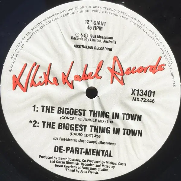 De-Part-Mental - The Biggest Thing In Town, Electronic, Electro, 1989 - White Label Records, Australia, Vinyl 1x 12", 45 RPM,