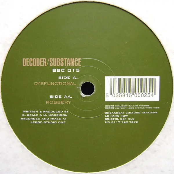 Decoder & Substance - Dysfunctional / Robbery, Electronic, Drum n Bass, 2000 - Breakbeat Culture Records, UK, Vinyl 1x 12", 4