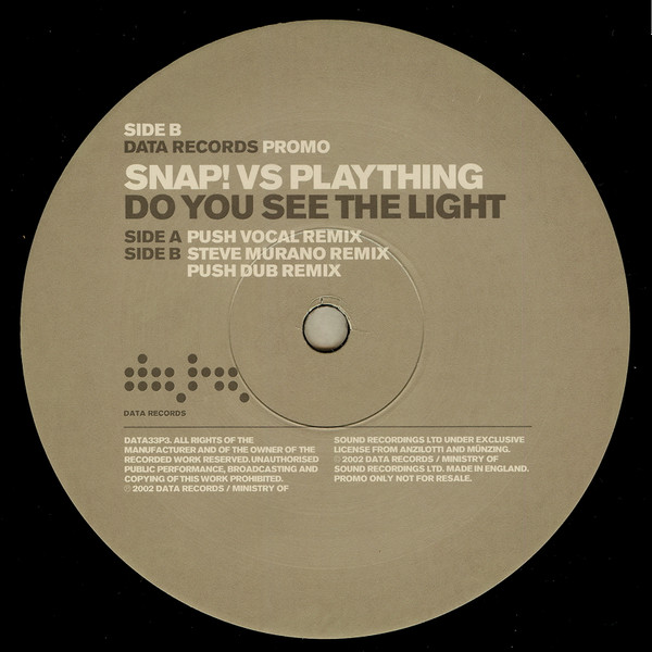 Snap! Vs Plaything - Do You See The Light, Electronic, Trance, 2002 - Data Records, UK, Vinyl 1x 12", 33 ⅓ RPM, 45 RPM, Promo