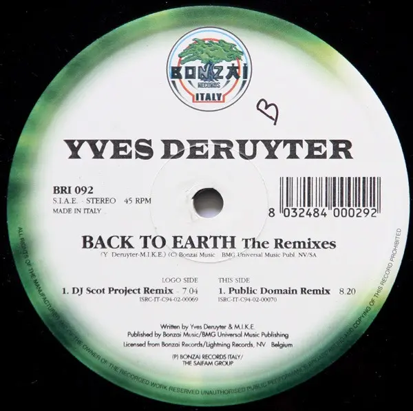 Yves Deruyter - Back To Earth (The Remixes), Electronic, Hard Trance, Trance, 2001 - Bonzai Records Italy, Italy, Vinyl 1x 12