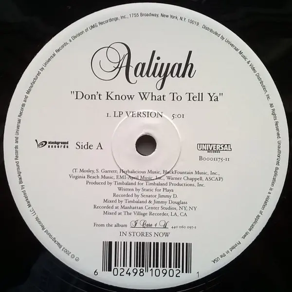 Aaliyah - Don't Know What To Tell Ya / Got To Give It Up (Remix), Funk / Soul, Hip Hop, Contemporary R&B, Soul, 2003 - Blackg