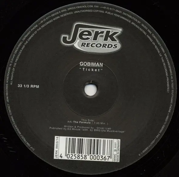 Gobiman - Ticket, Electronic, Techno, 1998 - Jerk Records, Germany, Vinyl 1x 12", 45 RPM
