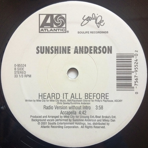 Sunshine Anderson - Heard It All Before, Funk / Soul, Contemporary R&B, 2001 - Atlantic, Soulife Recordings, US, Vinyl 1x 12"