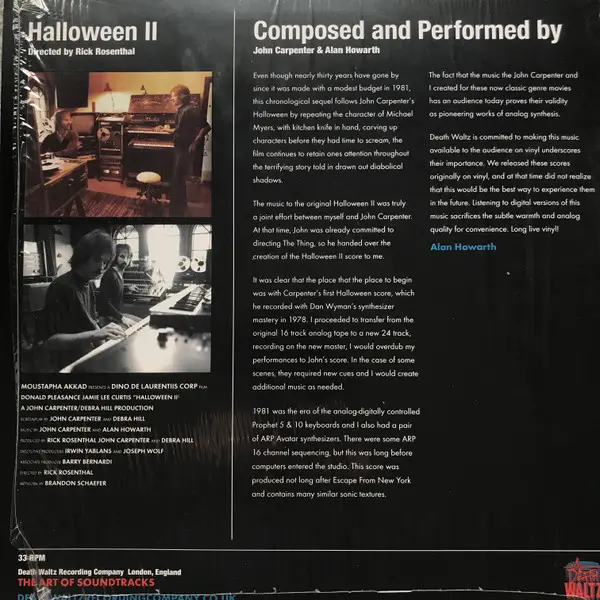 John Carpenter & Alan Howarth - Halloween II, Electronic, Stage & Screen, Score, 2012 - Death Waltz Recording Company, UK, Vi