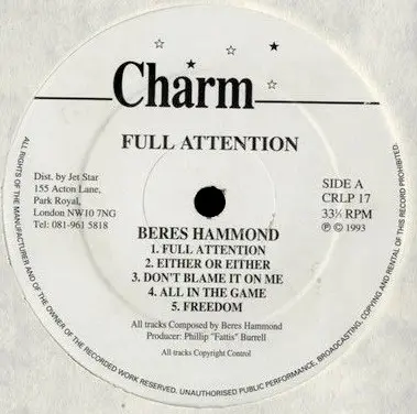 Beres Hammond - Full Attention, Reggae, Lovers Rock, 1993 - Charm, UK, Vinyl 1x LP, Album