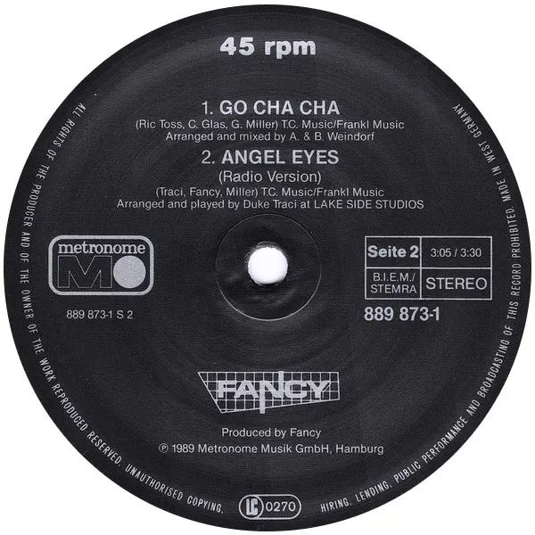 Fancy - Angel Eyes, Electronic, Euro-Disco, 1989 - Metronome, Germany, Vinyl 1x 12", Maxi-Single, 45 RPM