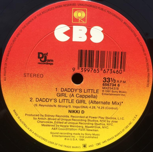 Nikki D - Daddy's Little Girl, Hip Hop, 1991 - CBS, Columbia, Def Jam Recordings, Australia, Vinyl 1x 12", 45 RPM, Stereo