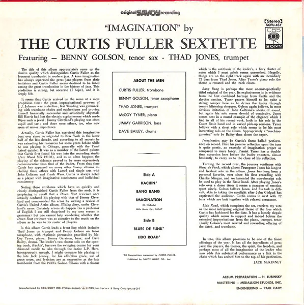 Album cover for Imagination by Curtis Fuller Sextet, The