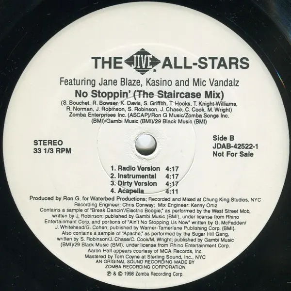 Jive All-Stars, The Featuring Jane Blaze, Kasino & Mic Vandalz - No Stoppin', Hip Hop, 1998 - Jive, US, Vinyl 1x 12", 33 ⅓ RP