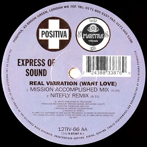 Express Of Sound - Real Vibration (Want Love), Electronic, House, 1996 - Positiva, UK, Vinyl 1x 12", 33 ⅓ RPM