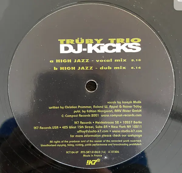 Trüby Trio - DJ-Kicks, Electronic, Future Jazz, 2001 - !K7 Records, Germany, Vinyl 1x 12", 45 RPM