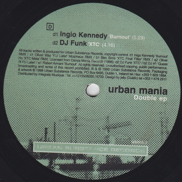 Various - Urban Mania, Electronic, Techno, 1999 - Urban Substance Records, Ireland, Vinyl 2x 12", Compilation
