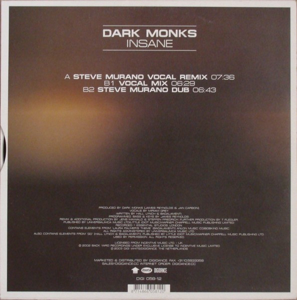 Dark Monks - Insane, Electronic, House, Progressive House, 2002 - Digi White, Netherlands, Vinyl 1x 12", 33 ⅓ RPM, 45 RPM