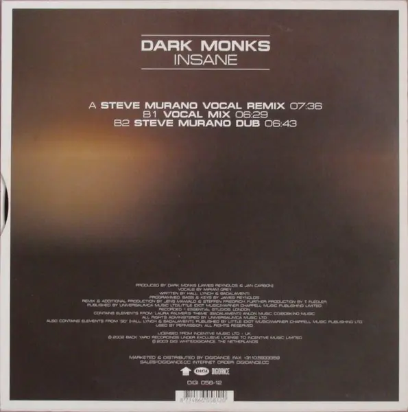 Dark Monks - Insane, Electronic, House, Progressive House, 2002 - Digi White, Netherlands, Vinyl 1x 12", 33 ⅓ RPM, 45 RPM